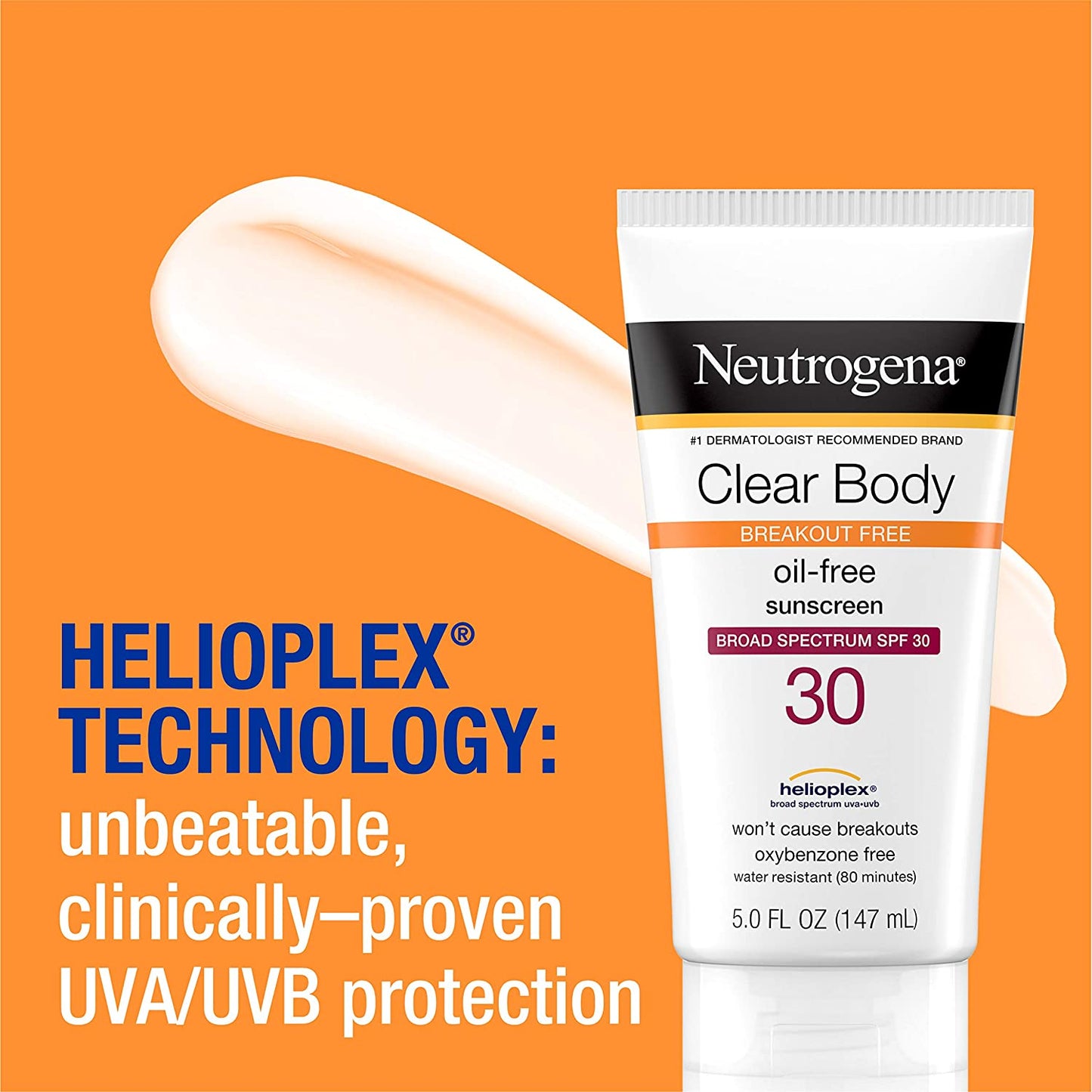 Neutrogena Clear Body Breakout-Free Oil Free Sunscreen, Broad Spectrum SPF 30, 5 fl.oz / 147 ml