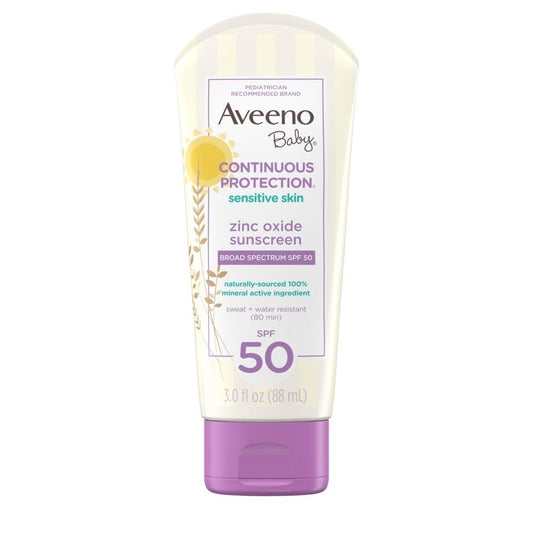 Aveeno Baby Continuous Protection Zinc Oxide Mineral Sunscreen Lotion For Sensitive Skin With Broad Spectrum SPF 50 (3 FL.OZ)