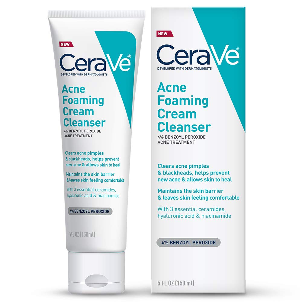 CeraVe Acne Foaming Cream Cleanser 4% Benzoyl Peroxide with Hyaluronic Acid & Niacinamide, 5 oz. / 150ml