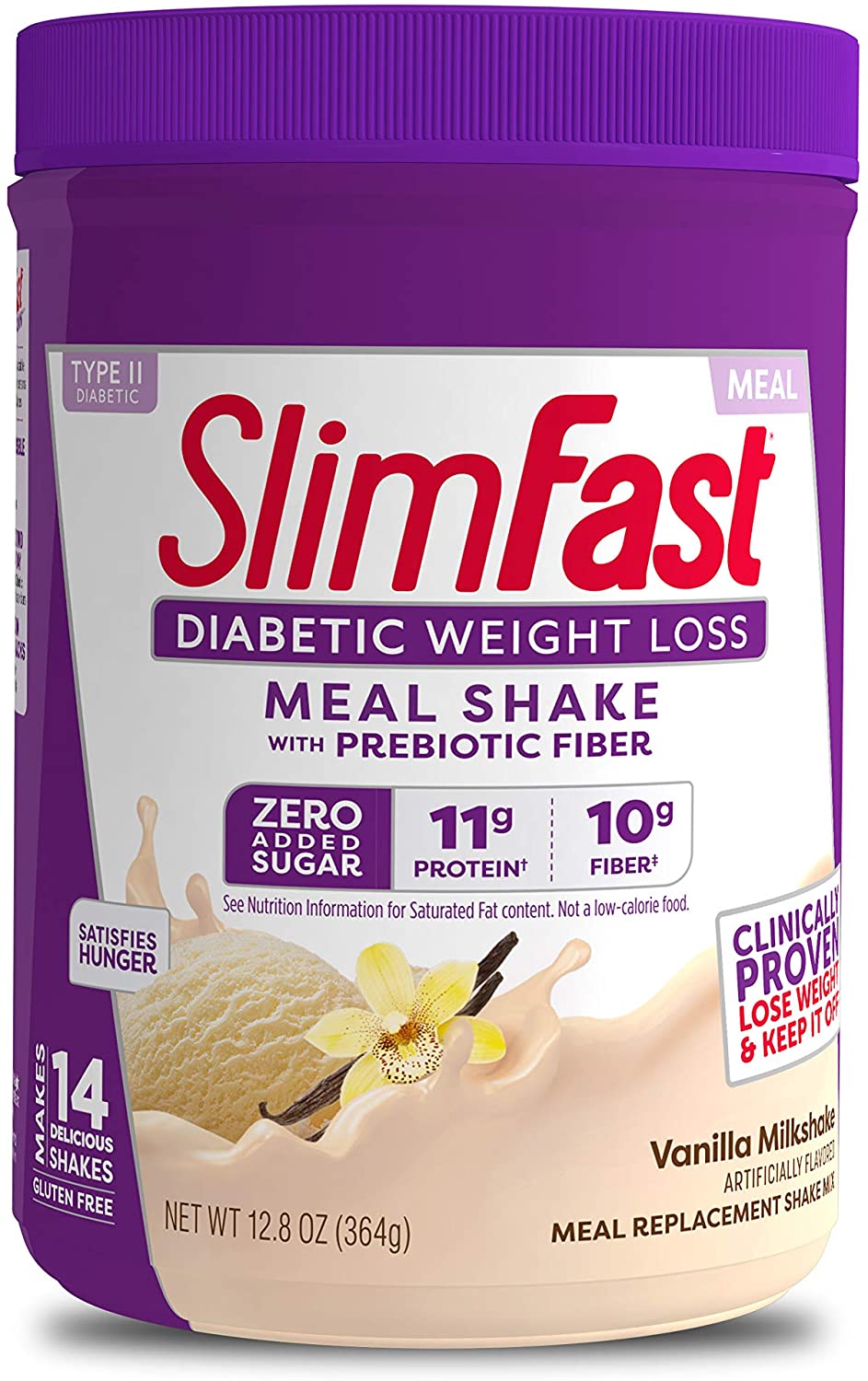 Slimfast Diabetic Weight Loss Meal Shake with Prebiotics Gluten Free Vanilla Milkshake 12.8 oz 364g