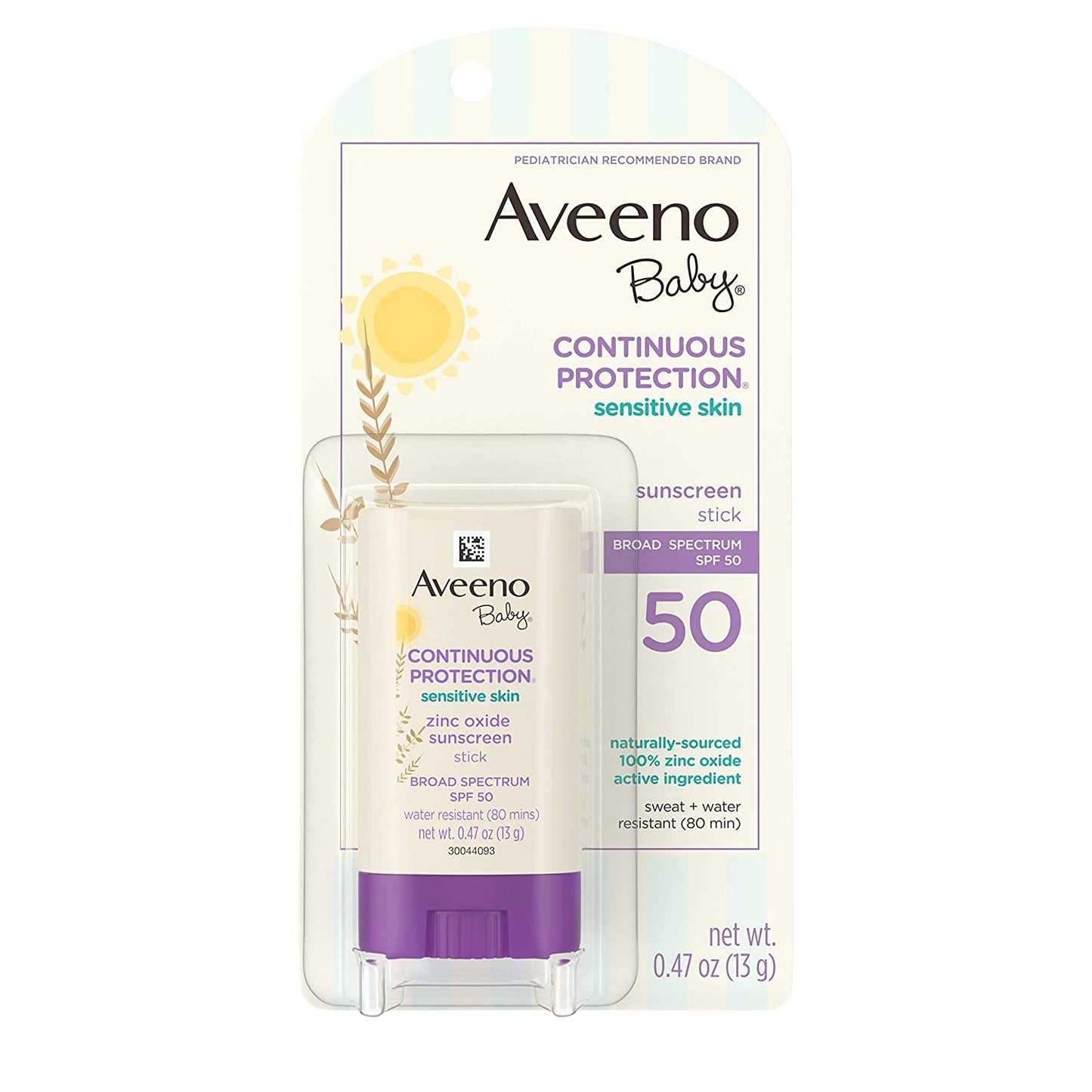 Aveeno Baby Continuous Protection Sensitive Skin Zinc Oxide Sunscreen Stick with Broad Spectrum SPF 50, 0.47 oz. / 13g