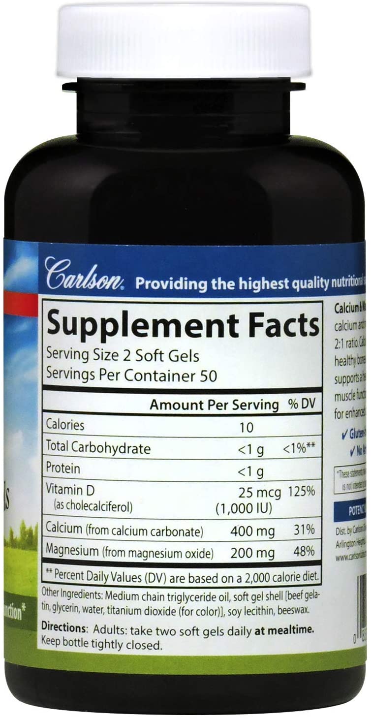 Carlson Calcium & Magnesium with Vitamin D3 Cal-Mag 400mg:200mg, 100 Softgels