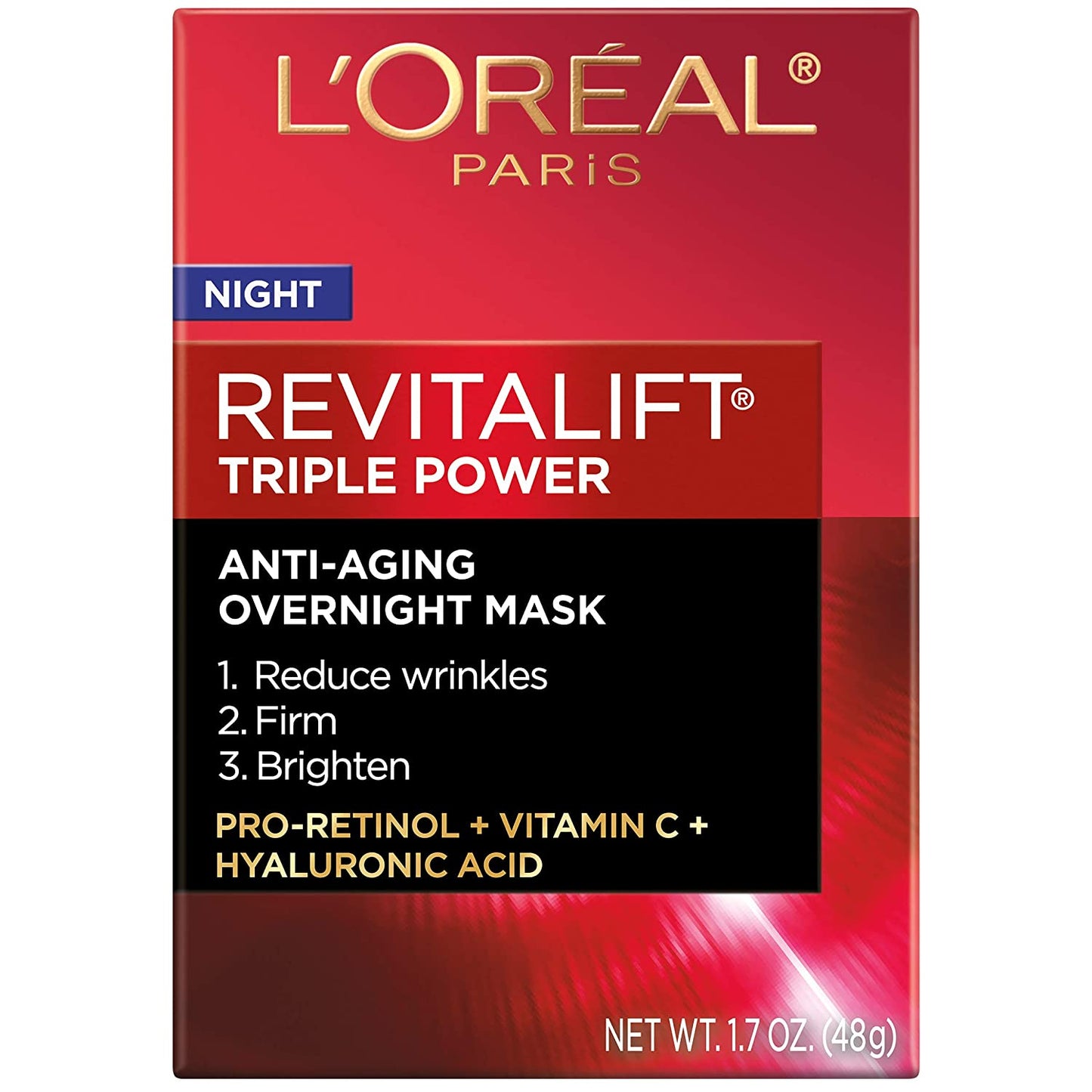 LOreal Revitalift Triple Power Intensive Overnight Face Mask with Pro Retinol, Vitamin C and Hyaluronic Acid, 1.7 oz. / 48g