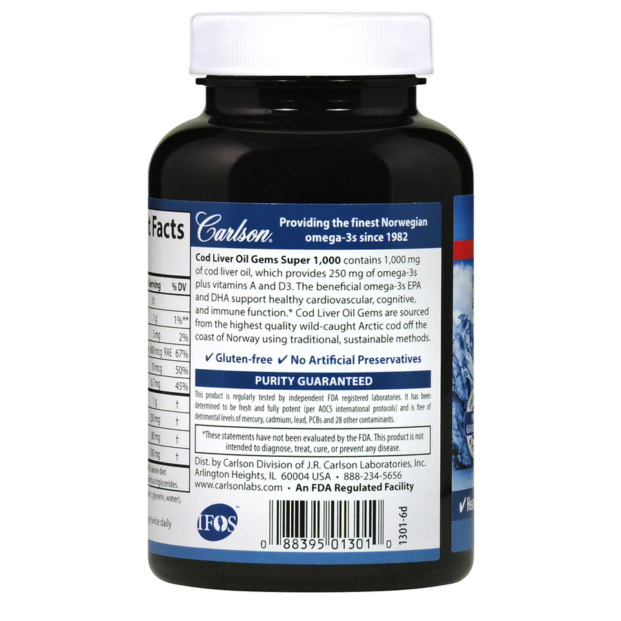 Carlson Cod Liver Oil Gems Super 1,000 mg 100 Softgels Heart Health, Brain Function