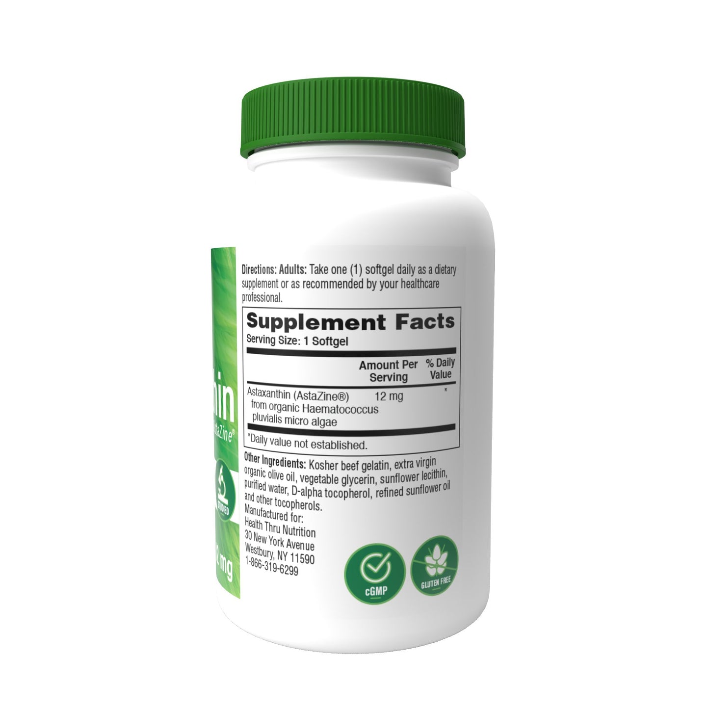 Health Thru Nutrition Astaxanthin 12mg (as AstaZine Organic Algae) NON-GMO) 30 Softgels Healthy Skin and Vision
