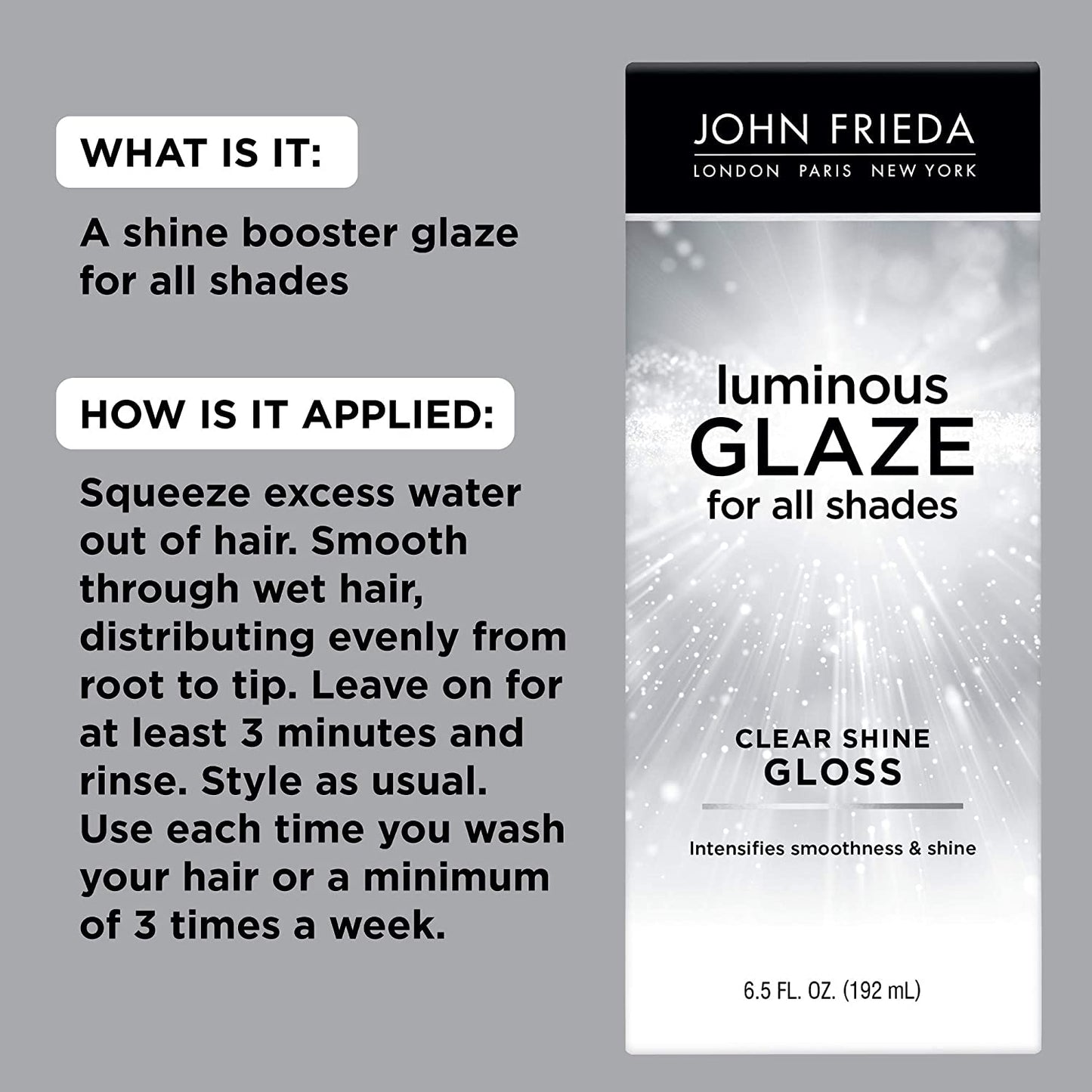 John Frieda Luminous Glaze Clear Shine Gloss, 6.5 oz, Anti-Fade, Color Enriching Gloss, Safe for Color Treated Hair